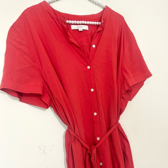 Loft Red/Orange Button Front Short Sleeve Dress w/ Waist Tie SIZE XXL - Picture 3 of 7